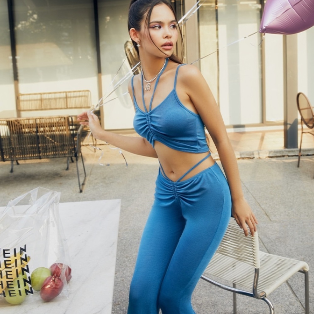 Drawstring Ruched Halter Crop Top & Flare Leg Pants Set